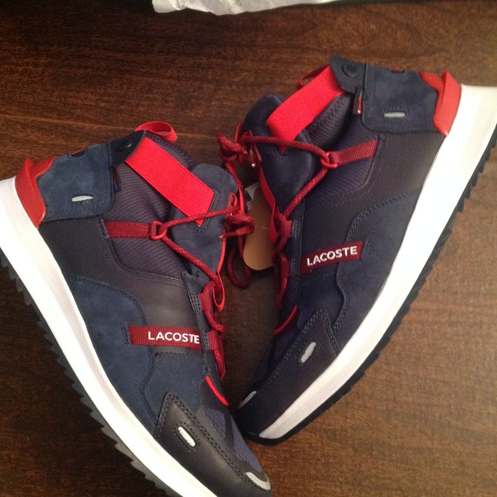 Lacoste Men's Run Breaker Navy Leather WR Mid Sneakers - 11.5 - New in Box